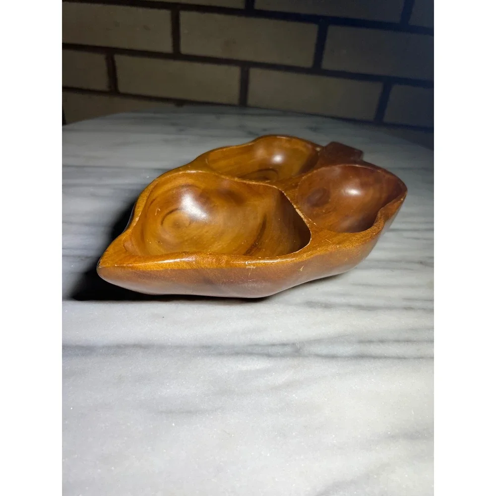 Vintage Hand Carved Wooden Leaf Serving Tray Divided 3 Section Nut Dish Brown